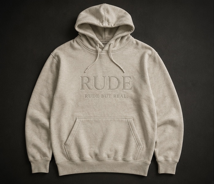 RUDE Embossed Hoodie — Oat